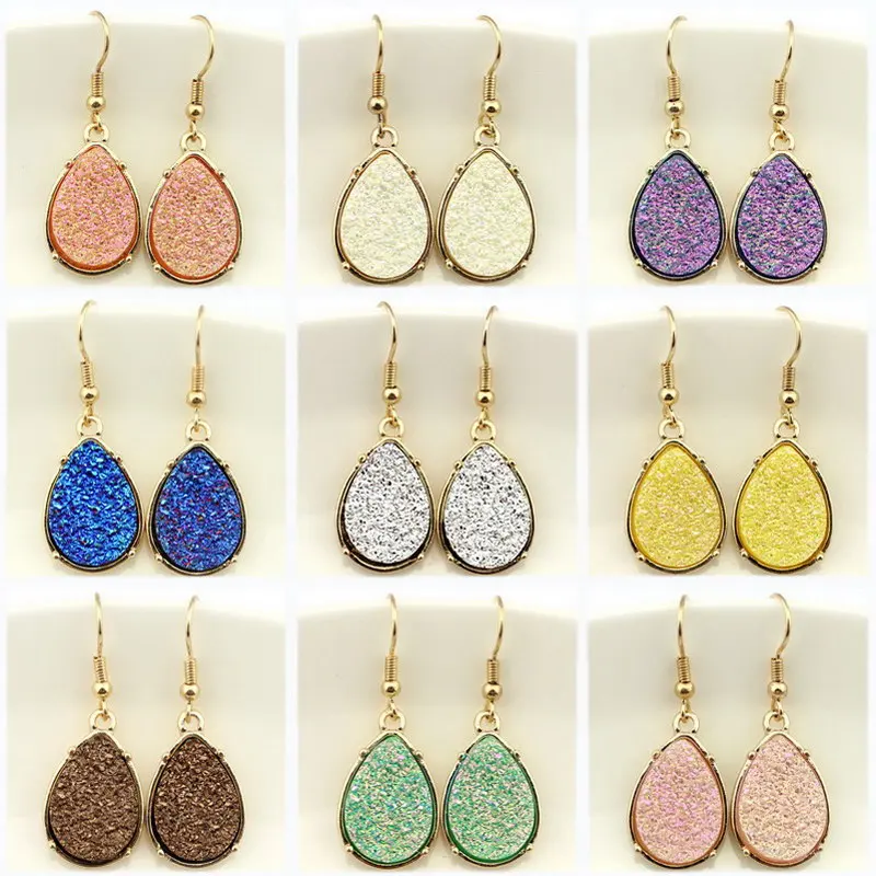 2016 Silver Tone Druzy Teardrop Dangle Drop Earrings Rock Crystals Look Druzy Teardrop Earrings