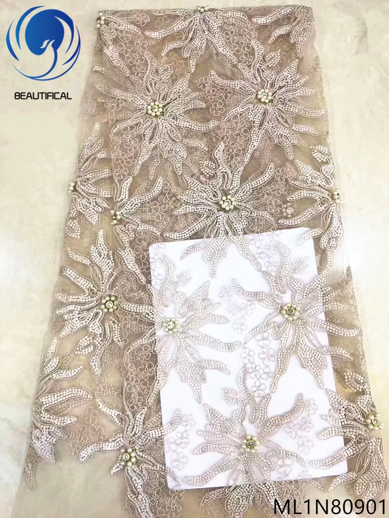 

Beautifical nigerian lace fabrics 2019 New design tulle lace fabric with beads 5yards rhinestones net lace for wedding ML1N809