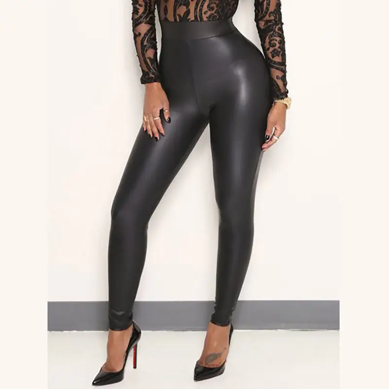 

Women Ladies Stretchy Faux Leather Trousers Skinny High Waist Leggings Pencil Pants Black Full Length