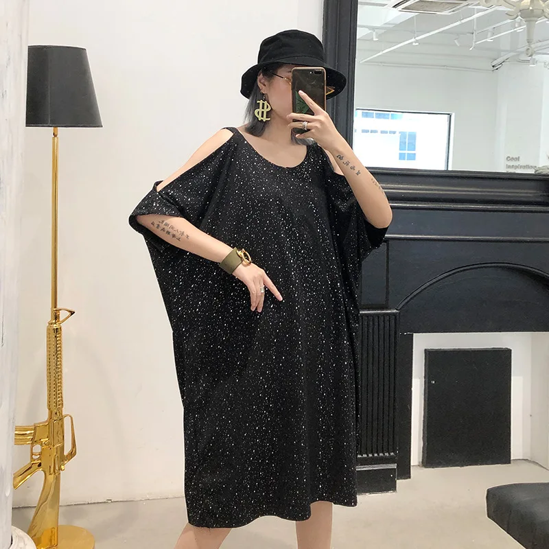 

Women Summer Oversize Off The Shoulder Backless Sexy Loose Dot Print Casual Dress Female Streetwear Bat Sleeve Suspender Dress