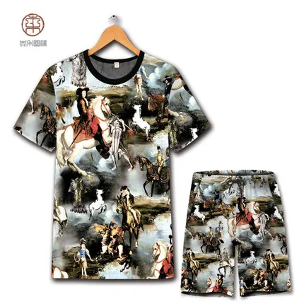 Европейский стиль ретро картина маслом модная футболка и шорты костюм Лето 2018 Полые Дышащие качественные мужские короткие наборы