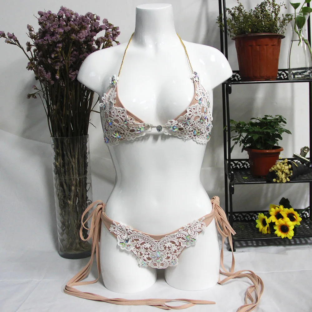 NEW! Rhinestone Crystal Lace Bikini Swimsuit Swimwear Beige White Lace  Jeweled