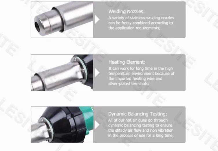 Практичный 1600 Вт ручной пистолет для сварки пластмассы 2x сопла+ 1х скоростная Насадка+ 1х нагревательный элемент+ 1х ролик