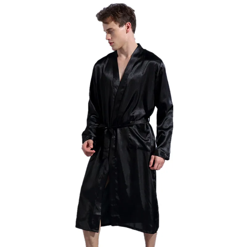 Черный китайский мужской халат с длинными рукавами из искусственного шелка