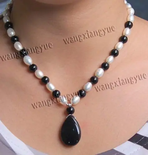 

****7-8mm White Akoya Pearl/Black Rich Agate Gems Pendant Necklace 18