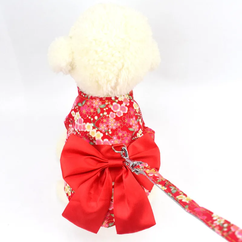 

New Japanese kimono pet chest strap with breathable vest style cat and dog traction rope dog supplies with bow