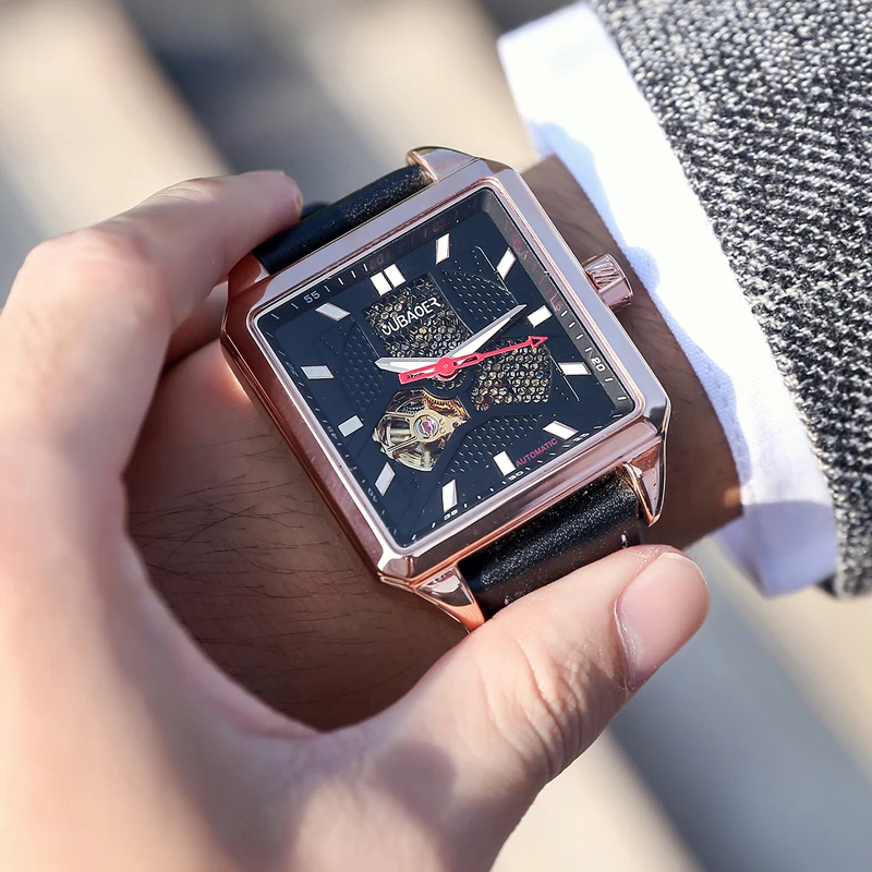 الفاخرة الهيكل العظمي الميكانيكية ووتش جلدية للماء مضيئة ساعة مربعة التلقائي توربيون الرجال الساعات العلامة التجارية الأعلى الساخن بيع