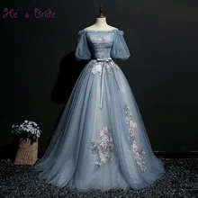 Он невесты, вырез лодочкой, Пышный рукав, на шнуровке, сзади, бальное платье, вышивка, роскошное свадебное платье, на заказ, голубое платье невесты, Vestido De Novia