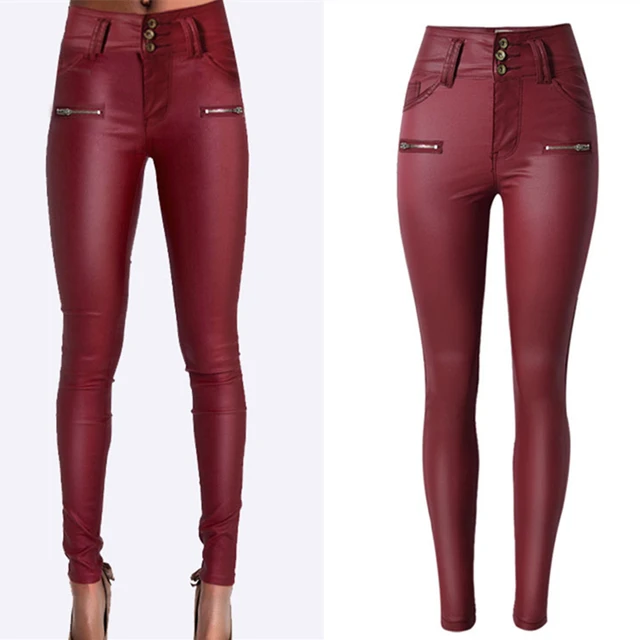 LOGAMI Pu Leather Pants for Women Skinny high Waist Slim Faux Leather Trousers Clothes Pants Autumn Wine Red Pantalones Mujer 1