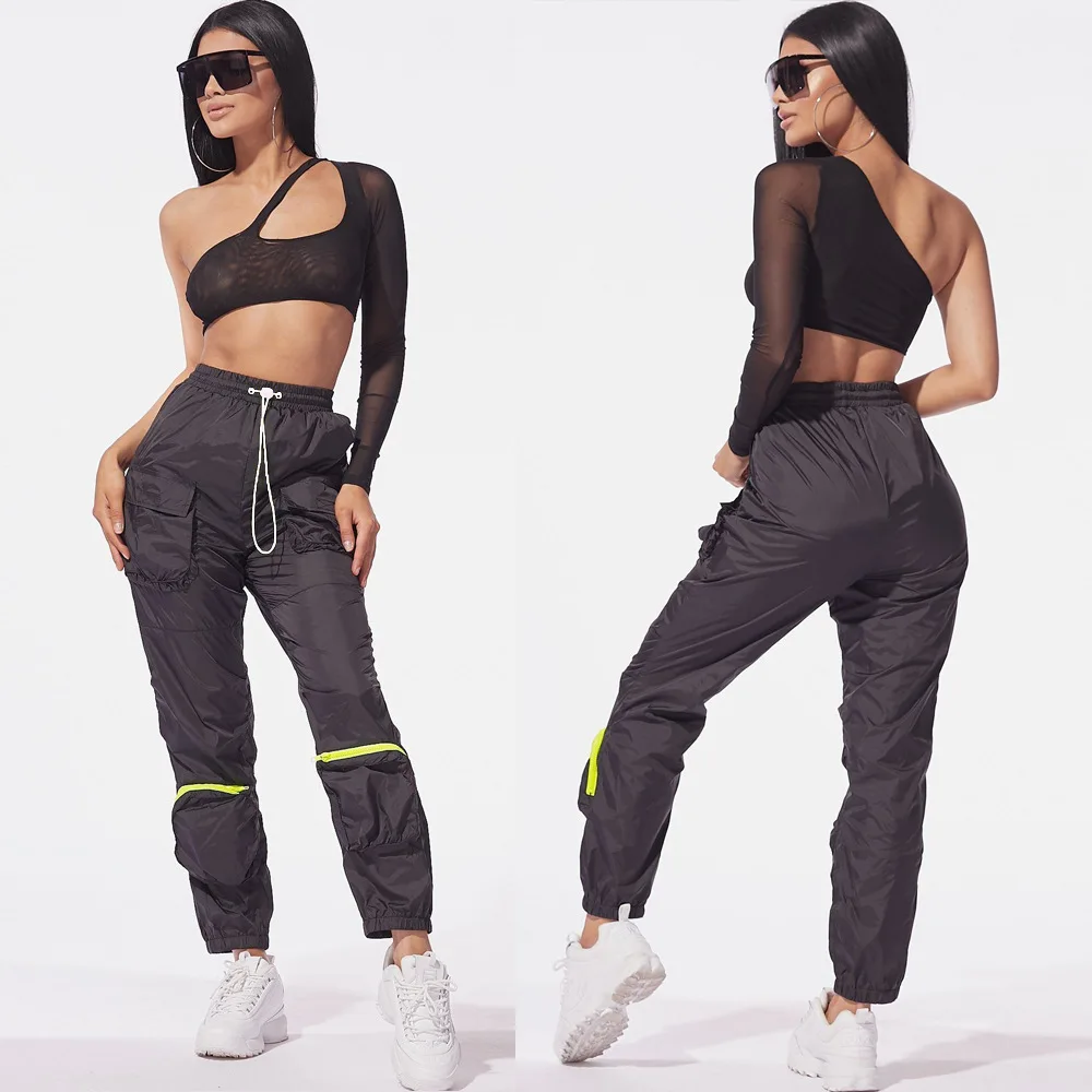 ANJAMANOR Two Piece Set Mesh One Shoulder Long Sleeve Crop Top Cargo Pants Stree