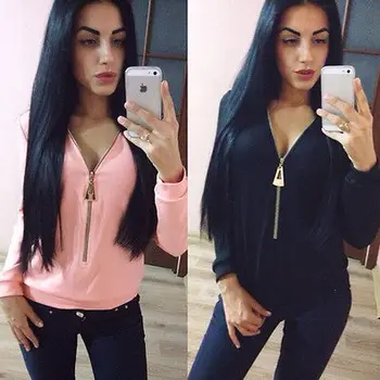 

Women Lady Sexy 3/4 Long Sleeve Loose Deep V-neck Blouses Tops Shirts Zip
