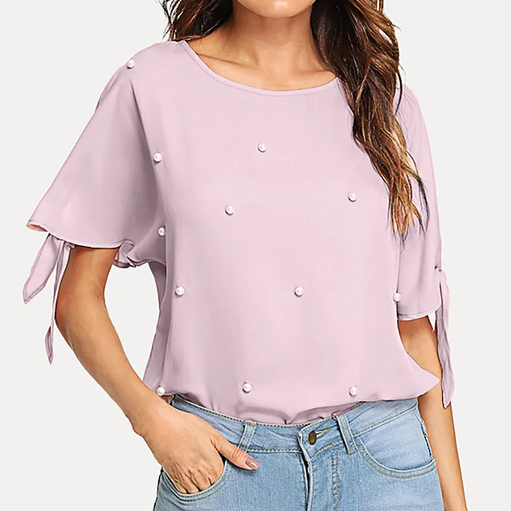

SAGACE 2019 Women Blouse Tops Summer Top Casual Loose Women Casual Pearl Beaded Slit Knot Cuff Bandage O-Neck Tops Shirt Blouse