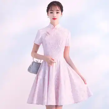 Large Size 3XL A-line Mini Dresses Ladies Traditional Embroidery Flower Cheongsam Solid Sky Blue Lace Qipao Casual Vestidos