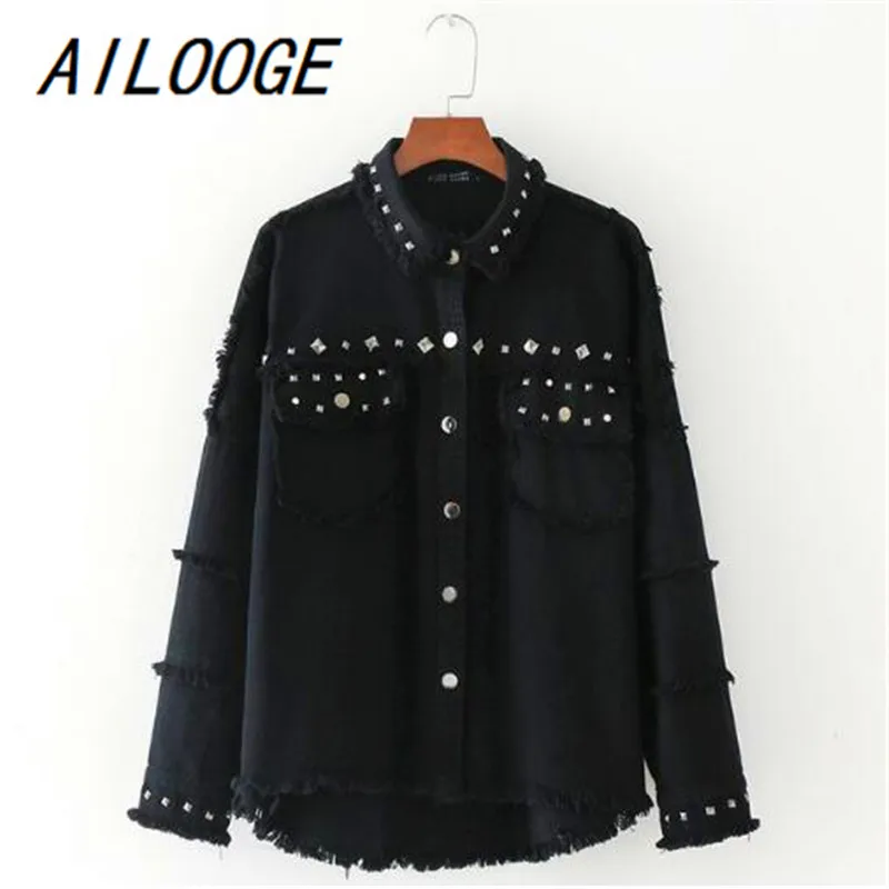 

AILOOGE 2017 Streetwear Pockets Rivet Frayed Jean Denim Jacket Women Turn-down Collar Long Sleeve Casual Coat Black Outerwear