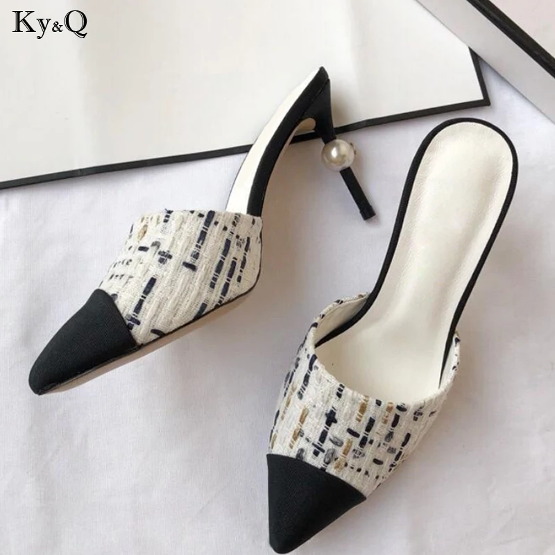 

Summer New 2019 Ladies Fashion Color Matching Outside Pointed Wearing Comfort Baotou Stiletto Pearl High Heel Banquet Shoes5-8cm
