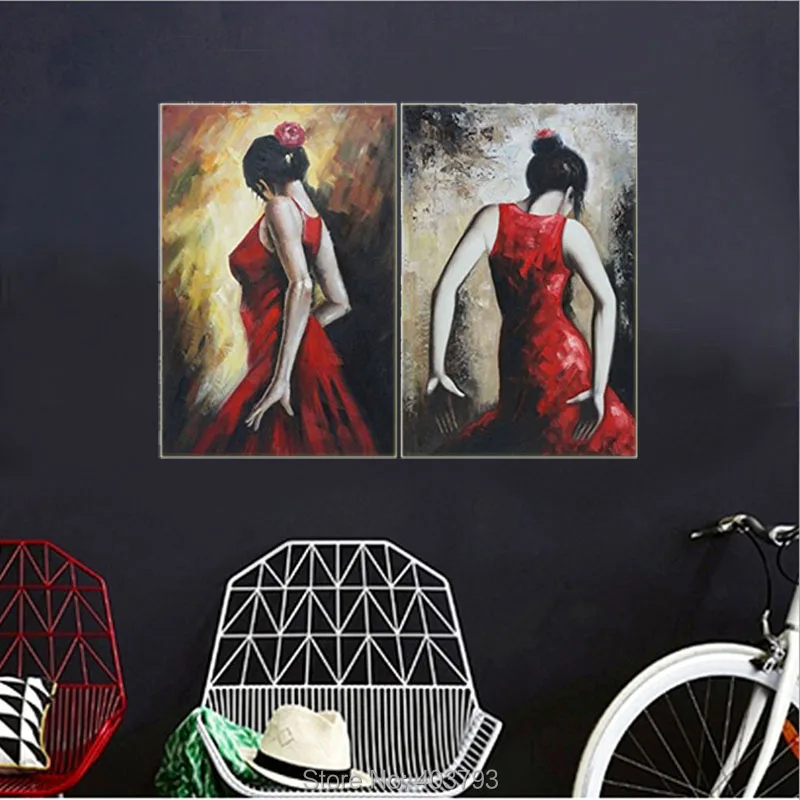 

Hand Painted Oil Painting 24X36inch Two Spanish Flamenco Dancers 2 Canvas Set Portrait Woman Impressionism, BeyondDream Art