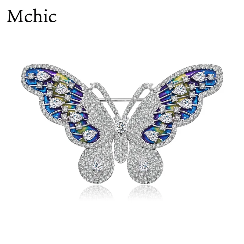 

Mchic Luxury Romantic Cubic Zirconia Blue Enamel Charm Bling Butterfly Brooch Pin For Women Wedding Paety Valentine's Day Gift