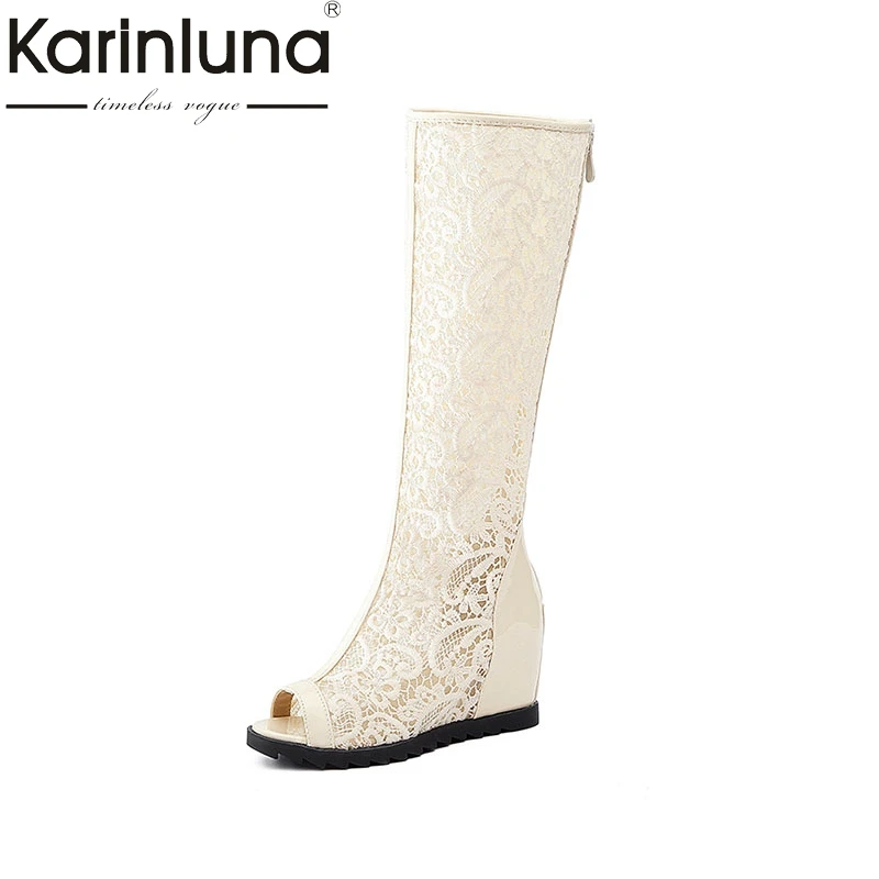 

KARINLUNA Brand Design Lace Zip Wedges High Heels Solid Shoes Woman Casual Summer Hot Sale Boots Black Big Size 33-43