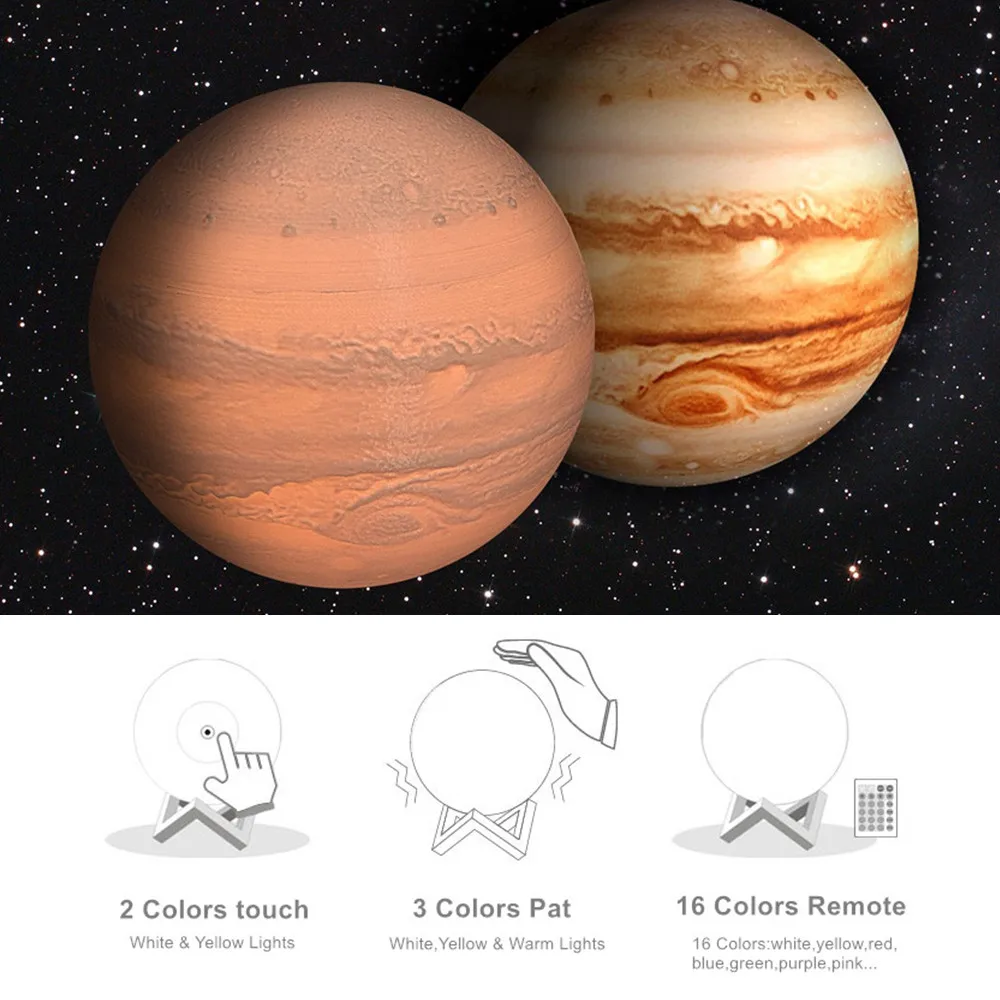 3D свет печати Юпитер лампа затемнения Красочные сенсорный дети ночник перезаряжаемые USB светодиодный ночник домашний декор креативный подарок