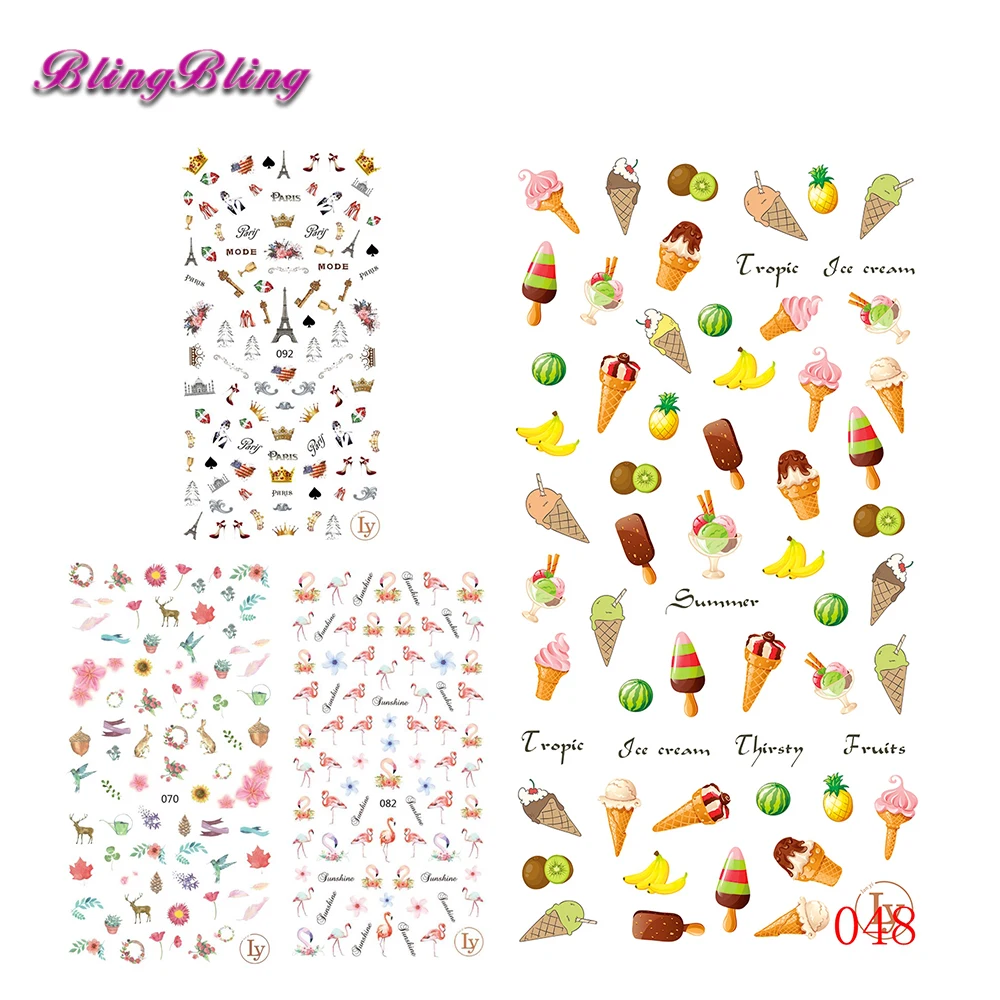 Blingbling 4 шт. клей ногтей Стикеры наклейки 3D цветок Фламинго мультфильм Mix DIY