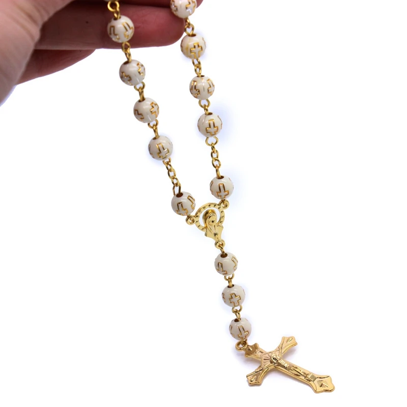 Car Pendant Plastic Beads Strand Cross Rosary Bracelet Gold