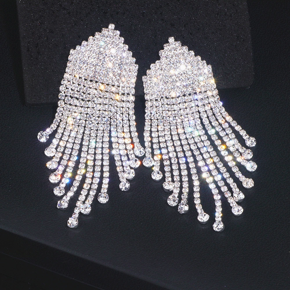 

Sparkling Silver Color Rhinestone Long Tassel Earrings For Women Fashion Wedding Jewelry Crystal Dangle Drop Earrings 2019 WX204