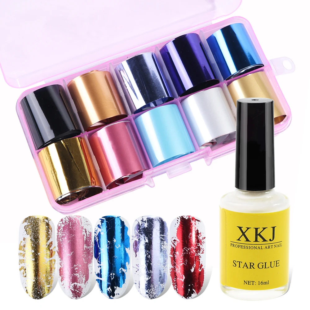 

10 Rolls Foil For Nails+Transfer Glue Nail Art Sticker Set Metal Holographic Nail Foil Laser Adhesive Decal Manicure LA943-1