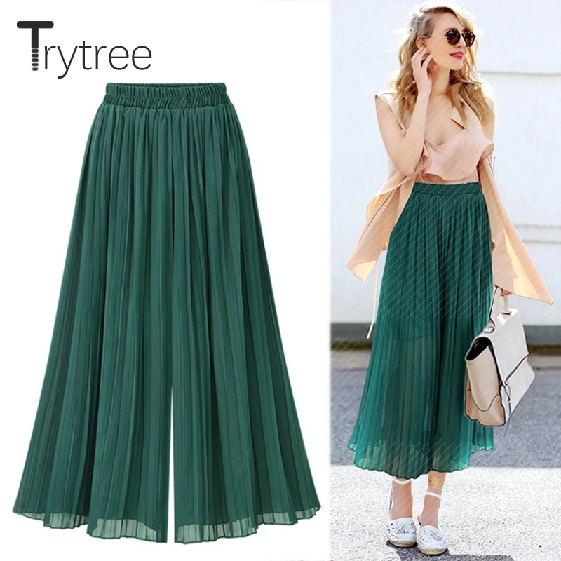 Женские плиссированные брюки Trytree, повседневные однотонные брюки зеленого и черного цвета с эластичной талией на лето и осень|Брюки |   | АлиЭкспресс