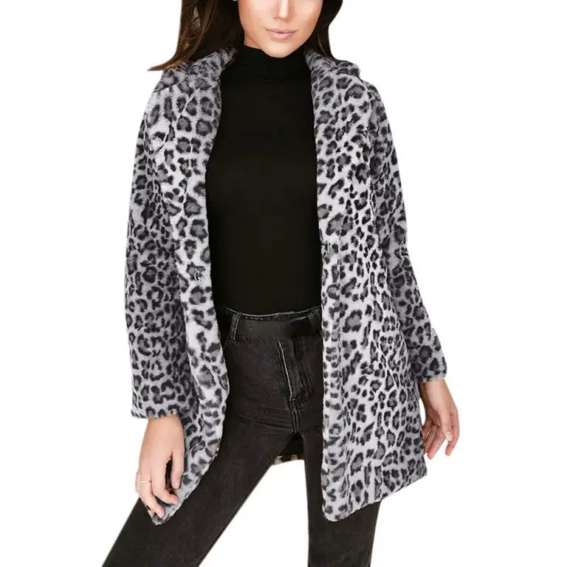 Women Winter Faux Fur Lapel Coat Warm Sexy Leopard Print Coat Fashion Long Sleeve Outerwear