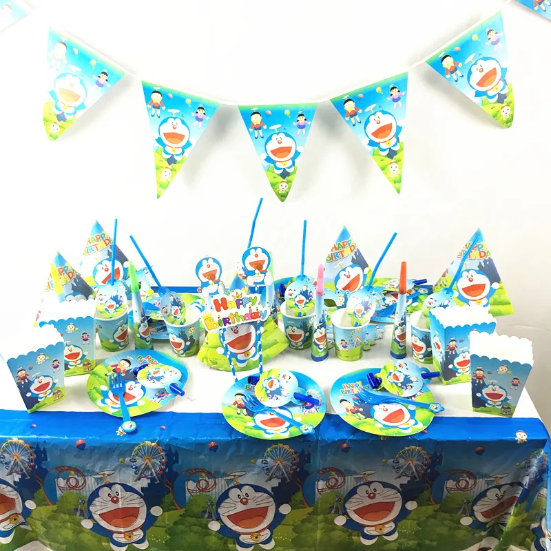 

80pcs/lot Doraemon disposable tableware set Doraemon theme birthday party decorations Doraemon plates cups tablecloths