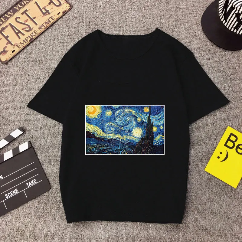 

Women T Shirts Fashion Van Gogh Painting Summer Aesthetic Graphic Tees Plus Size Tops Short Sleeve Casual Female T-shirts Black