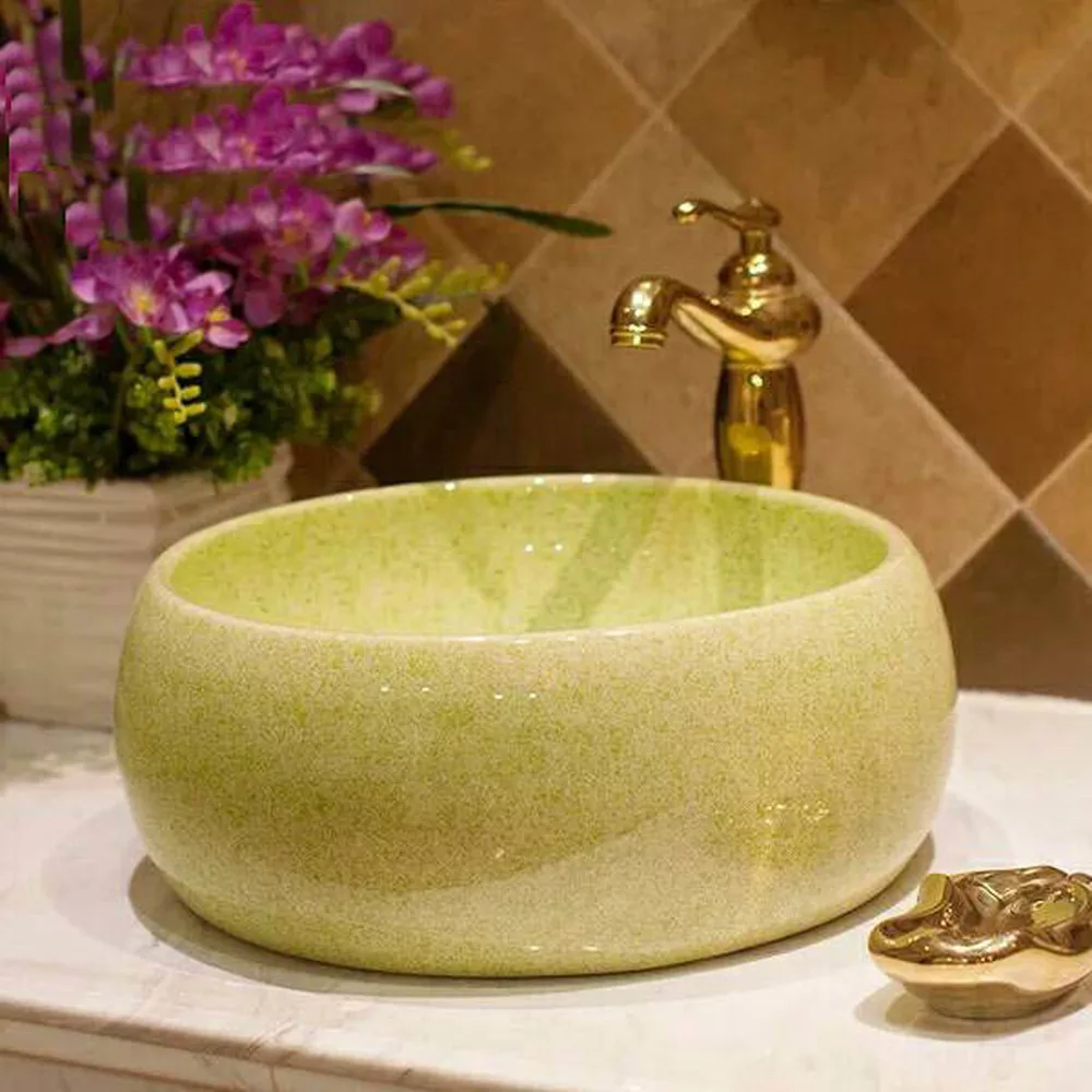 زيادة جولة فوق مكافحة حوض السيراميك الحمام الغرور مغسلة الفن حوض طبل اللون الصقيل LO620315