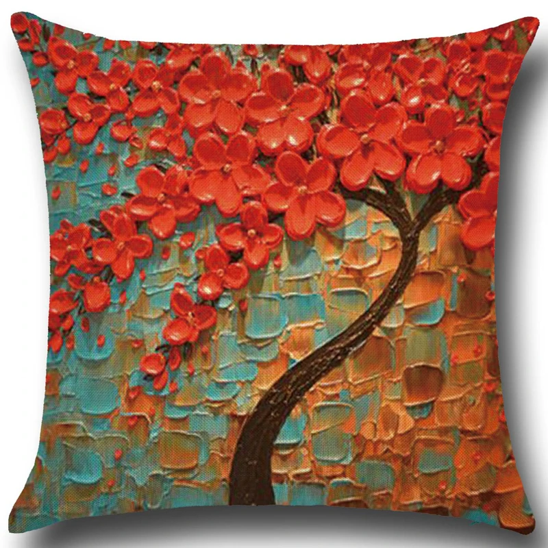 3D oil painting trees pillow case Cotton baby pillowcaseoil paint flowers cotton cushion pillowcase car waist cushion cover PP29