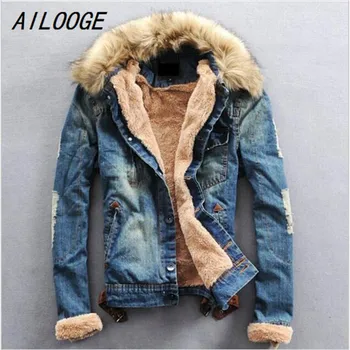 

AILOOGE Winter Ripped Denim Jacket Men Clothing Jean Coat Men Casual Jacket Outwear With Fur Collar Wool Thick Clothes Plus Size