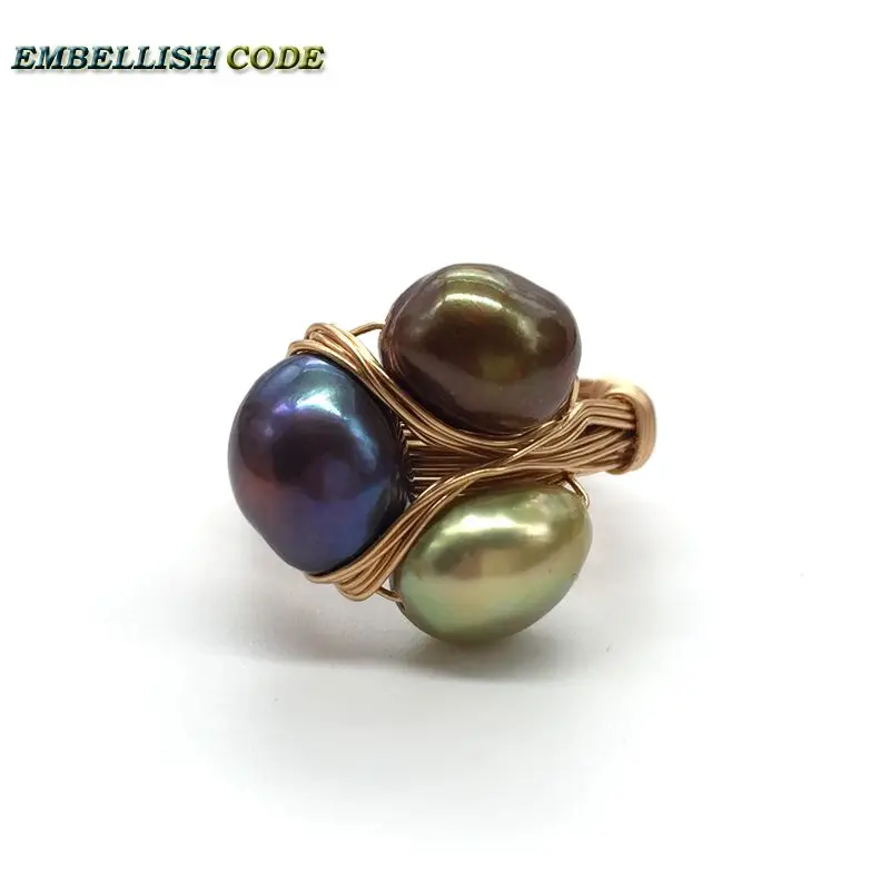 

NEW Design original pieces golden with baroque ring pearls hand made rings peacock brown grey mixed color three pearl together