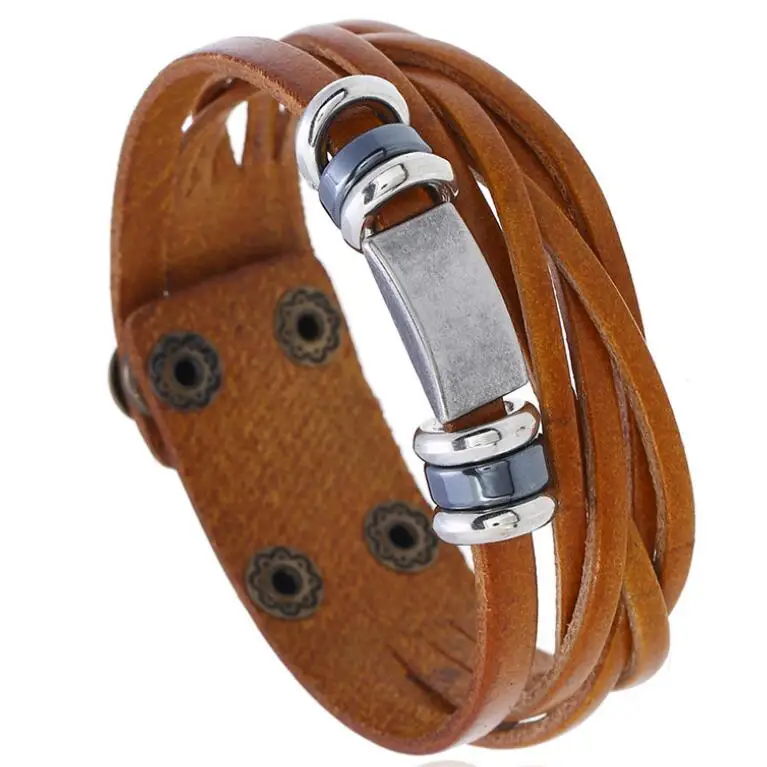 

Fashion Punk Men Black Leather Cuff Bracelet Wristbands Silver Charms Weave Genuine Rope Bangles Handmade Retro Vintage Jewelry