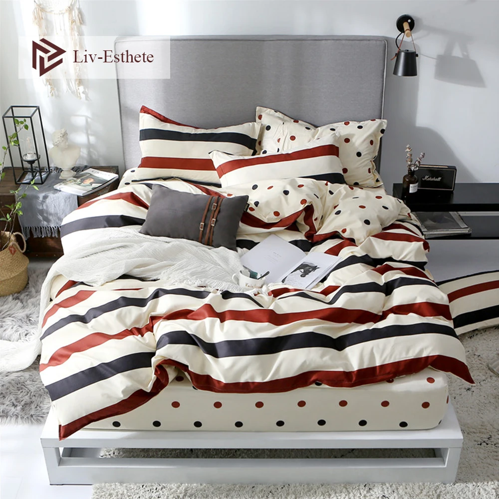 

Liv-Esthete Fashion Stripe Elegant Bedding Set Duvet Cover Pillowcase Bed Linen Adult Dot Fitted Sheet HomeTextile Drop shipping