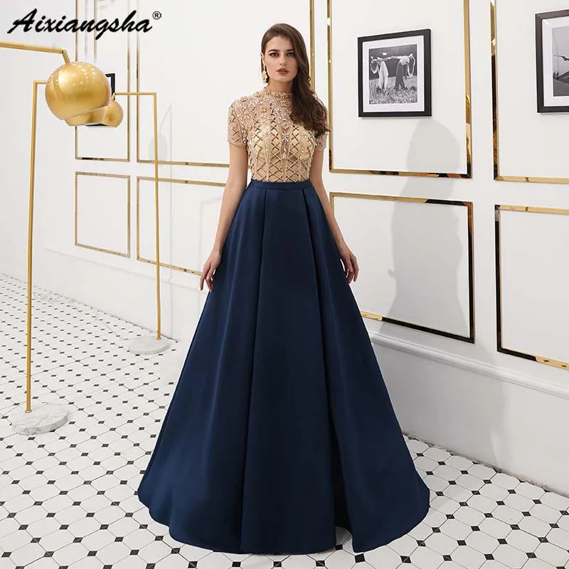 

Luxury Beaded Evening Dresses High Neck Prom Dress 2019 High Neck Champagne Formal Evening dress Robe de Soiree