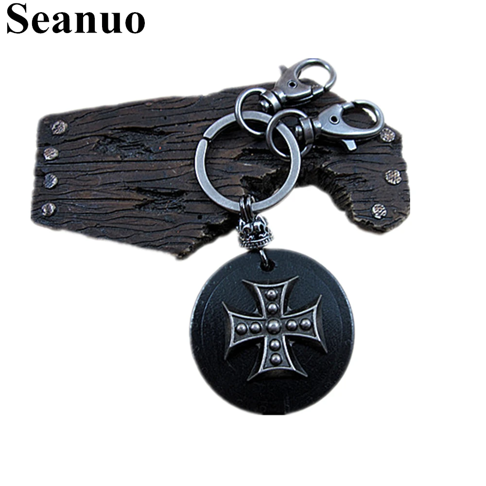 Seanuo 2018 классический черный старинный щит панк кожаный брелок с крестиком