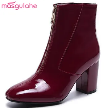 

Masgulahe queen style ankle boots front zipper high heels autumn boots square toe genuine leather boots office lady woman shoes