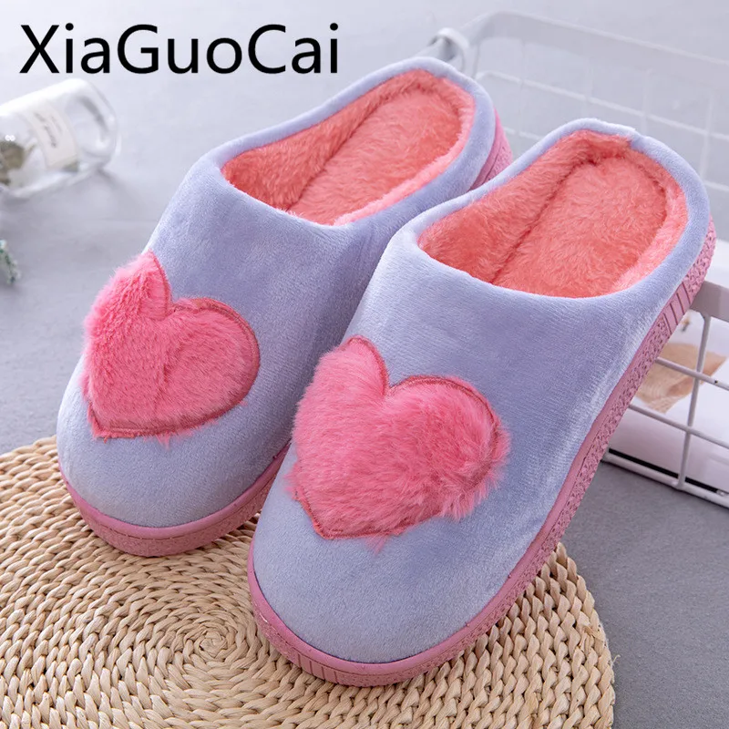 

Pink and Gray Slip-on Women Winter Slippers Basic Sewing Female Winter Fur Warm Slippers Home Indoors Shoes