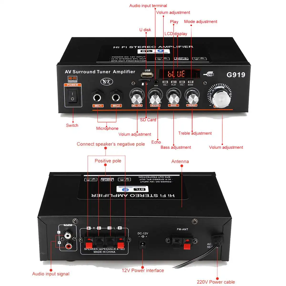 12 V/220 V 360 W G919 мини Amplificador аудио стерео bluetooth Мощность усилитель FM SD HIFI 2CH аудиоусилитель музыкальный плеер для автомобиля дома