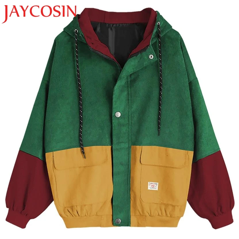 Куртка Для женщин с длинным рукавом вельвет лоскутное Oversize куртка на молнии