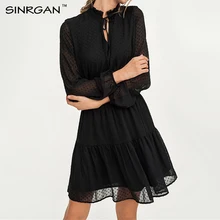 SINRGAN สีดำ Lace Up Hollow OUT Mini Dress vestidos แขนยาวยืดหยุ่นเอวเซ็กซี่ปาร์ตี้คริสต์มาสชุดเดรสฤดูร้อน(China)