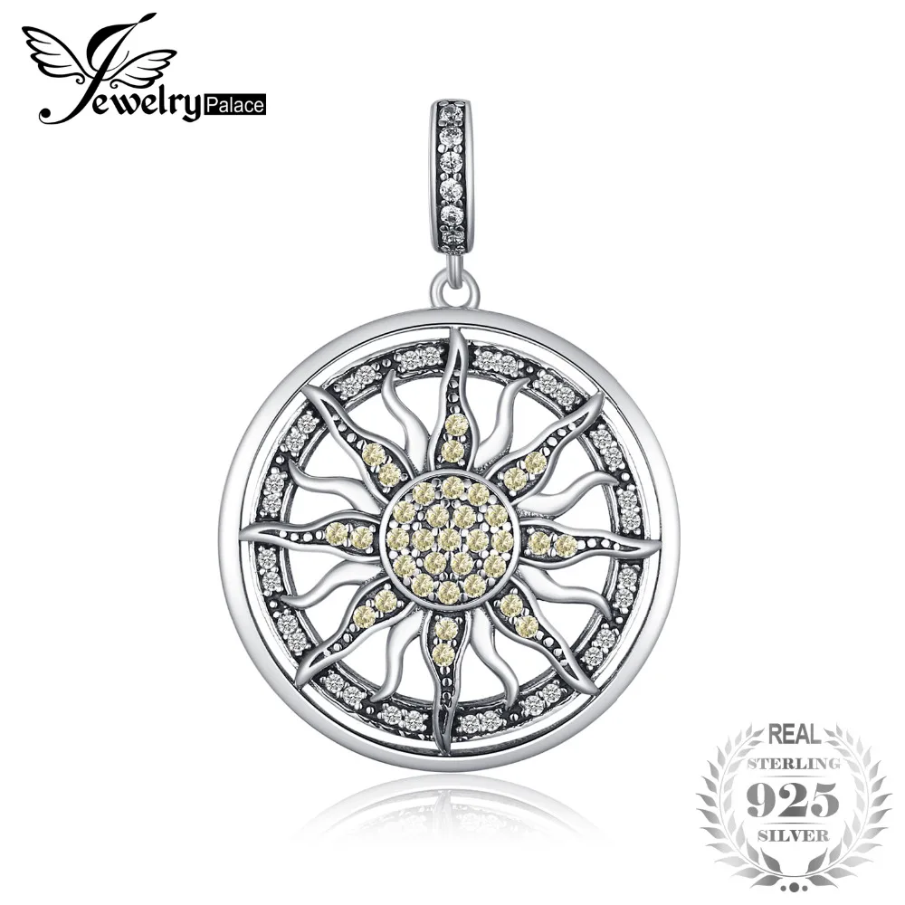 

JewelryPalace 925 Sterling Silver Yellow And White Cubic Zirconia Celestial Sun Pendant Charm Fit Bracelets For Women As Gifts