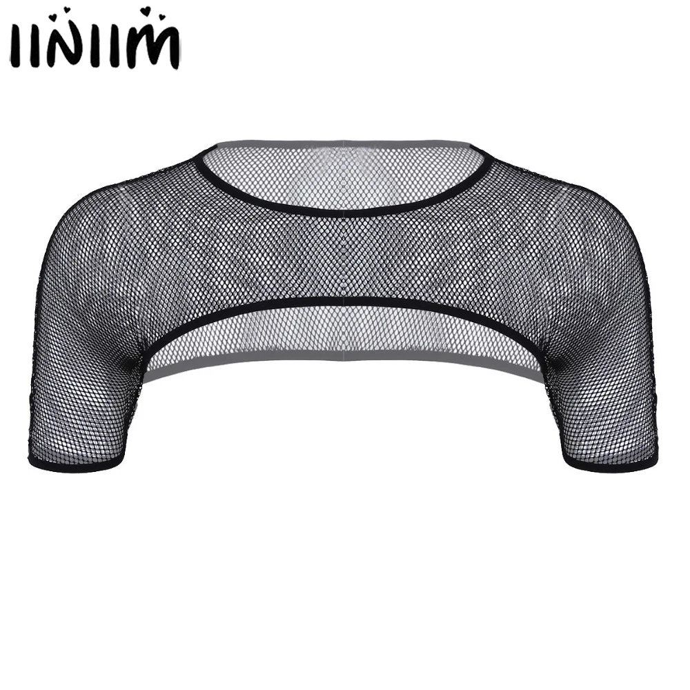 

iiniim Mens See Through Mesh Fishnet Short Sleeve Shoulder Strap Chest Harness Muscle T Shirts Clubwear Costumes Half Top