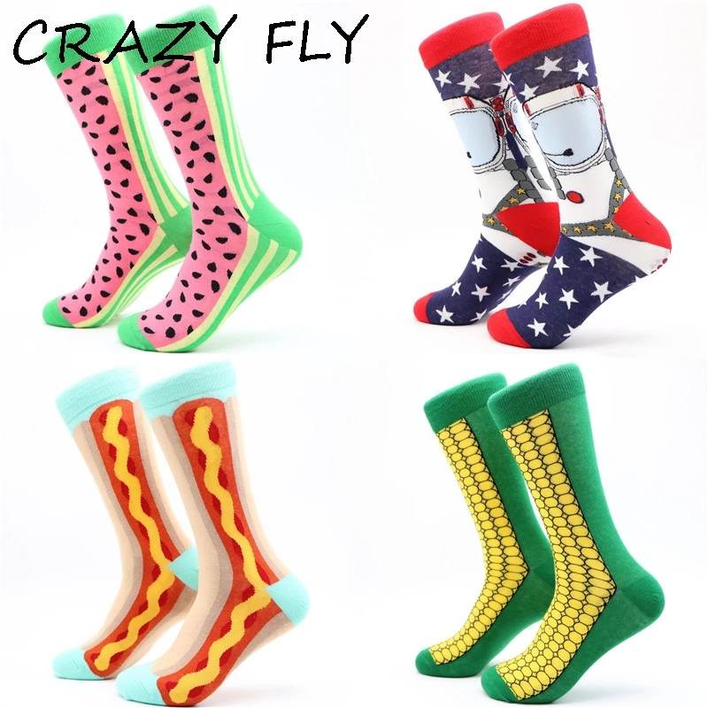 CRAZY FLY Colorful Happy Socks Long Fashion Cool Dress Socks Art Cute Watermelon Maize Fruit Printed Funny Socks For Men Women