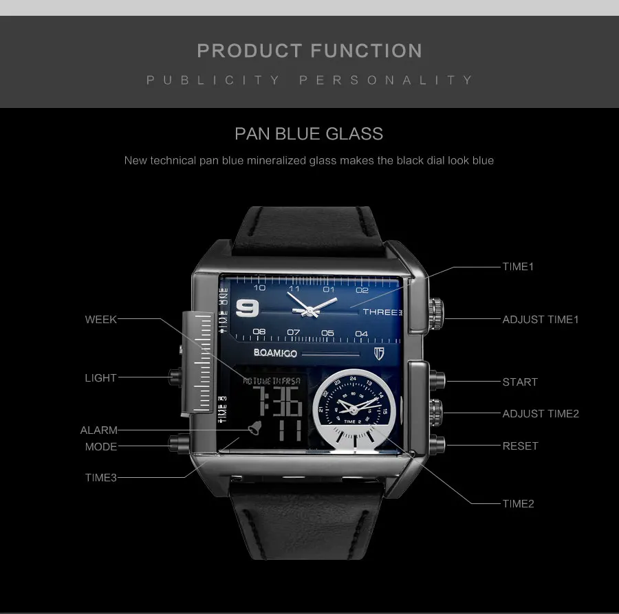 BOAMIGO Brand Fashion Black Dial Man Watch 3 Time Zone Big Rectangle Men Sport Watches Leather Band Calendar Quartz Wristwatches (25)