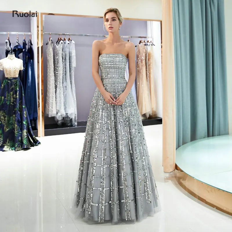 Sparkly Grey Luxury Evening Dresses Long 2019 Sequined Lace Strapless Evening Gowns for Women Formal Party Dress robe de soiree