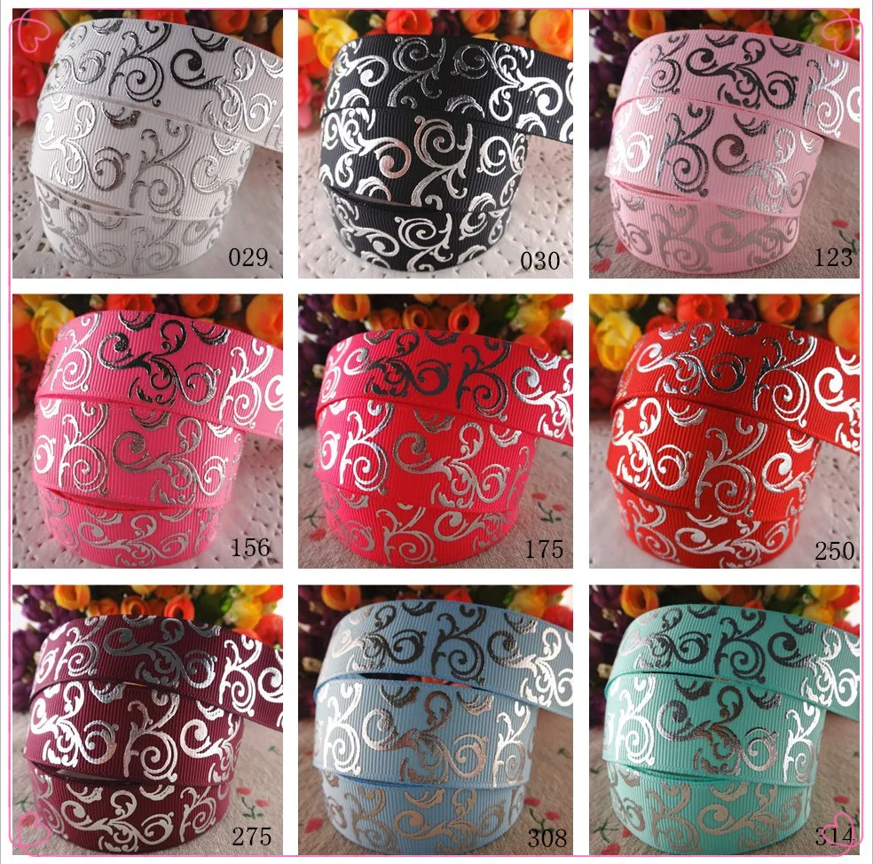7/8" (22mm) 10 yards glitter silver foil flowers printed grosgrain ribbons DIY handmade materials SD1127 ribbon decoration ribbon supplies grosgrain ribbon